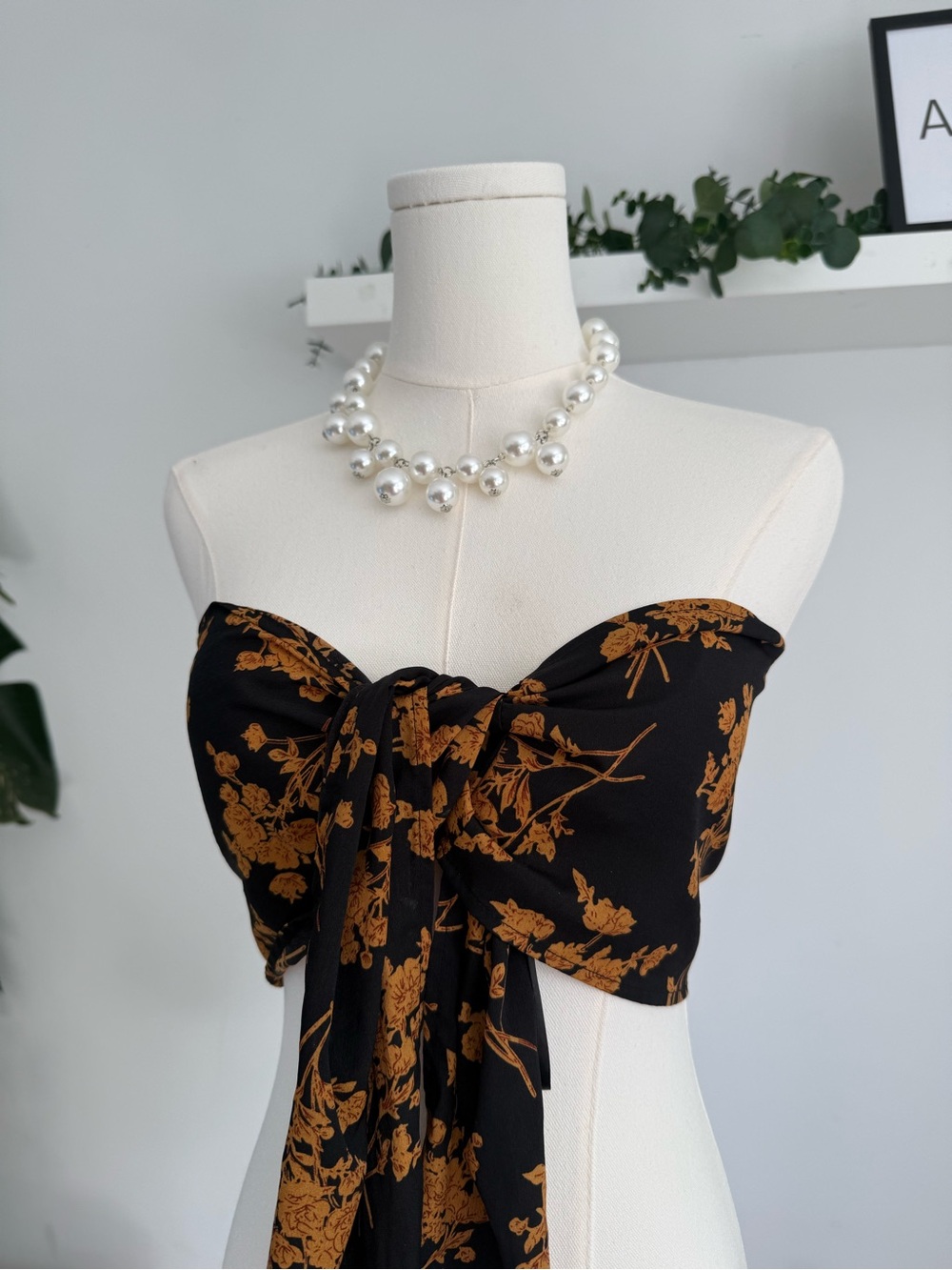 Black Floral Tie-Front Tube Top with Mustard Print